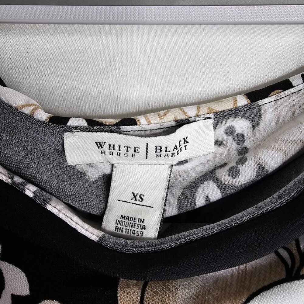 WHITE HOUSE BLACK MARKET Dress size XS BLACK TAN WHITE FLORAL Art to Wear Retro - Picture 5 of 7